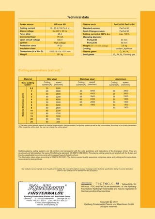 Kjellberg Finsterwalde Plasma und Maschinen GmbH
Germany D - 03238 Finsterwalde Leipziger Str. 82
Phone: +49 3531 500-0 Fax: +49 3531 500-227
E-mail: plasma@kjellberg.de
Internet: www.kjellberg.de
11-02-16
Our products represent a high level of quality and reliability. We reserve the rights to change the design and/or technical specification during the series fabrication.
Claims of any kind can not be derived from this prospectus.
Kjellberg-plasma cutting systems are CE-conform and correspond with the valid guidelines and instructions of the European Union. They are
developed and fabricated on the basis of the following standard: EN 60974 (VDE 0544). The plasma cutting systems are labelled with the S-sign and
therefore applicable to environments with increased hazard of electric shock.
The fabrication takes place according to DIN EN ISO 9001. The factory-owned quality assurance comprises piece and cutting performance tests,
documented by test certificate.
Copyright 2011
Kjellberg Finsterwalde Plasma und Maschinen GmbH
All rights reserved.
, , , YellowXLife, XL,
HiFocus PGC and PerCut are trademarks of the Kjellberg-
Foundation/ Kjellberg Finsterwalde and may be registered in
Germany and/or other countries.
,
F FINE OCUS
Power source
Mains voltage
Fuse, slow
Connected load
Open circuit voltage
Ignition
Protection class
Insulation class
Dimensions (H x W x D)
Weight
Cutting current
HiFocus 80i
10 - 80 A (100 % d. c.)
3x 400 V, 50 Hz
25 A
17 kVA
400 V
High voltage
IP 22
F
1000 x 510 x 1020 mm
161 kg
Plasma torch
Standard version
Quick Change system
Cutting current at 100% d.c.
Clamping diameter
PerCut 80
PerCut 90
Weight
Cooling
Plasma gases
Swirl gases
with 1.5 m torch package)
PerCut 80/ PerCut 90
PerCut 80
PerCut 90
max. 100 A
44 mm
50 mm
3.8 kg
coolant „Kjellfrost“
O , Air, N
, Forming gas
2 2
O , Air, N2 2
Technical data
Cutting parameters (extract)
1)
Mild steel Stainless steel Aluminium
Materialthickness(mm)
0,5
1
2
3
4
5
6
8
10
12
15
20
25
Material
Max. Cutting
speed
1)
Cutting
current (A)
speed
(mm/min)
Cutting
current (A)
Cutting
current (A)
speed
(mm/min)
speed
(mm/min)
20
20
50
50
50
50
80
80
80
80
80
80
80
5000
3500
2600
2200
4500
3500
3200
2600
2300
1700
1200
600
200
30
55
55
60
60
60
5000
4000
2600
2200
2000
1800
35
35
35
50
50
50
50
3800
2600
2300
1500
1400
1300
1300
1) The listed cutting speeds depend on material characteristics, gas parameters, the guiding system as well as the consumables. According to the quality parameters
of the respective cutting task, the user can change the cutting speed.
 
