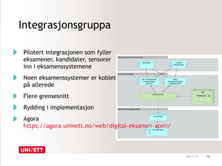 Integrasjonsgruppa 
Pilotert integrasjonen som fyller 
eksamener, kandidater, sensorer 
inn i eksamenssystemene 
Noen eksamenssystemer er koblet 
på allerede 
Flere grensesnitt 
Rydding i implementasjon 
Agora 
https://agora.uninett.no/web/digital-eksamen-apen/ 
2014-11-17 12 
 