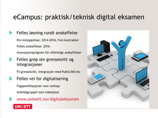 eCampus: praktisk/teknisk digital eksamen 
Felles løsning rundt anskaffelse 
Pre-innkjøpsfase: 2014-2016, FoU-kontrakter 
Felles anskaffelse: 2016 – 
Innovasjonsprogram for offentlige anskaffelser 
Felles grep om grensesnitt og 
integrasjoner 
FS-grensesnitt, integrasjon med Public360 etc 
Felles vei for digitalisering 
Fagspesifikasjoner som verktøy 
Arbeidsgrupper som møteplass 
www.uninett.no/digitaleksamen 

