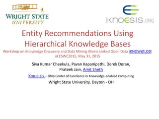 Entity Recommendations Using
Hierarchical Knowledge Bases
Workshop on Knowledge Discovery and Data Mining Meets Linked Open Data (KNOW@LOD)
at ESWC2015, May 31, 2015
Siva Kumar Cheekula, Pavan Kapanipathi, Derek Doran,
Prateek Jain, Amit Sheth
Kno.e.sis – Ohio Center of Excellence in Knowledge-enabled Computing
Wright State University, Dayton - OH
 