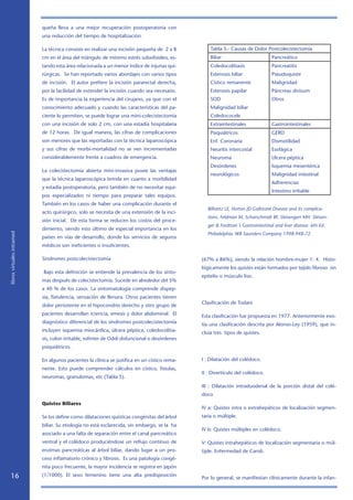 queña lleva a una mejor recuperación postoperatoria con
                            una reducción del tiempo de hospitalización.

                            La técnica consiste en realizar una incisión pequeña de 2 a 8          Tabla 5.- Causas de Dolor Postcolecistectomía
                            cm en el área del triángulo de mínimo estrés subxifoideo, es-          Biliar                        Pancreático
                            tando esta área relacionada a un menor índice de injurias qui-         Coledocolitiasis              Pancreatitis
                            rúrgicas. Se han reportado varios abordajes con varios tipos           Estenosis biliar              Pseudoquiste
                            de incisión. El autor prefiere la incisión pararectal derecha,         Cístico remanente             Malignidad
                            por la facilidad de extender la incisión cuando sea necesario.         Estenosis papilar             Páncreas divisum
                            Es de importancia la experiencia del cirujano, ya que con el           SOD                           Otros
                            conocimiento adecuado y cuando las características del pa-             Malignidad biliar
                            ciente lo permiten, se puede lograr una mini-colecistectomía           Coledococele
                            con una incisión de solo 2 cm, con una estadía hospitalaria            Extraintestinales             Gastrointestinales
                            de 12 horas. De igual manera, las cifras de complicaciones             Psiquiátricos                 GERD
                            son menores que las reportadas con la técnica laparoscópica            Enf. Coronaria                Dismotilidad
                            y sus cifras de morbi-mortalidad no se ven incrementadas               Neuritis intercostal          Esofágica
                            considerablemente frente a cuadros de emergencia.                      Neuroma                       Ulcera péptica
                                                                                                   Desórdenes                    Isquemia mesentérica
                            La colecistectomía abierta mini-invasiva posee las ventajas
                                                                                                   neurológicos                  Malignidad intestinal
                            que la técnica laparoscópica brinda en cuanto a morbilidad
                                                                                                                                 Adherencias
                            y estadía postoperatoria, pero también de no necesitar equi-
                                                                                                                                 Intestino irritable
                            pos especializados ni tiempo para preparar tales equipos.
                            También en los casos de haber una complicación durante el
                                                                                                 Bilhartz LE, Horton JD.Gallstone Disease and its complica-
                            acto quirúrgico, solo se necesita de una extensión de la inci-
                                                                                                 tions. Feldman M, Scharschmidt BF, Sleisengerr MH. Sleisen-
                            sión inicial. De esta forma se reducen los costos del proce-
                                                                                                 ger  Fordtran´s Gastrointestinal and liver disease. 6th Ed.
                            dimiento, siendo esto último de especial importancia en los
                                                                                                 Philadelphia: WB Saunders Company 1998:948-72
libros virtuales intramed




                            países en vías de desarrollo, donde los servicios de seguros
                            médicos son ineficientes o insuficientes.

                            Sindromes postcolecistectomía                                      (67% a 86%), siendo la relación hombre-mujer 1: 4. Histo-
                                                                                               lógicamente los quistes están formados por tejido fibroso sin
                            Bajo esta definición se entiende la prevalencia de los sínto-
                                                                                               epitelio o músculo liso.
                            mas después de colecistectomía. Sucede en alrededor del 5%
                            a 40 % de los casos. La sintomatología comprende dispep-
                            sia, flatulencia, sensación de llenura. Otros pacientes tienen
                                                                                               Clasificación de Todani
                            dolor persistente en el hipocondrio derecho y otro grupo de
                            pacientes desarrollan ictericia, emesis y dolor abdominal. El      Esta clasificación fue propuesta en 1977. Anteriormente exis-
                            diagnóstico diferencial de los síndromes postcolecistectomía       tía una clasificación descrita por Alonso-Ley (1959), que in-
                            incluyen isquemia miocárdica, úlcera péptica, coledocolitia-       cluía tres tipos de quistes.
                            sis, colon irritable, esfinter de Oddi disfuncional o desórdenes
                            psiquiátricos.

                            En algunos pacientes la clínica se justifica en un cístico rema-   I : Dilatación del colédoco.
                            nente. Esto puede comprender cálculos en cístico, fístulas,
                                                                                               II : Divertículo del colédoco.
                            neuromas, granulomas, etc (Tabla 5).
                                                                                               III : Dilatación intraduodenal de la porción distal del colé-
                                                                                               doco
                            Quistes Biliares
                                                                                               IV a: Quistes intra o extrahepáticos de localización segmen-
                            Se los define como dilataciones quísticas congénitas del árbol     taria o múltiple.
                            biliar. Su etiología no está esclarecida, sin embargo, se la ha
                                                                                               IV b: Quistes múltiples en colédoco.
                            asociado a una falta de separación entre el canal pancreático
                            ventral y el colédoco produciéndose un reflujo continuo de         V: Quistes intrahepáticos de localización segmentaria o múl-
                            enzimas pancreáticas al árbol biliar, dando lugar a un pro-        tiple. Enfermedad de Caroli.
                            ceso inflamatorio crónico y fibrosis. Es una patología congé-
                            nita poco frecuente, la mayor incidencia se registra en Japón
   16                       (1/1000). El sexo femenino tiene una alta predisposición
                                                                                               Por lo general, se manifiestan clínicamente durante la infan-
 