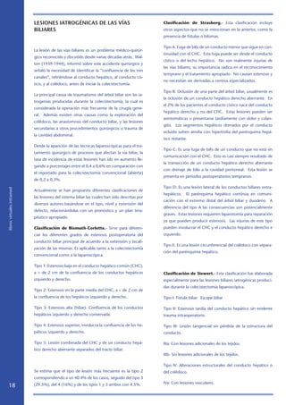 LESIONES IATROGÉNICAS DE LAS VÍAS                                   Clasificación de Strasberg.- Esta clasificación incluye
                            BILIARES                                                            otros aspectos que no se mencionan en la anterior, como la
                                                                                                presencia de fístulas o bilomas.

                                                                                                Tipo A: Fuga de bilis de un conducto menor que sigue en con-
                            La lesión de las vías biliares es un problema médico-quirúr-
                                                                                                tinuidad con el CHC. Esta fuga puede ser desde el conducto
                            gico reconocido y discutido desde varias décadas atrás. Wal-
                                                                                                cístico o del lecho hepático. No son realmente injurias de
                            ton (1939-1944), informó sobre este accidente quirúrgico y
                                                                                                las vías biliares; su importancia radica en el reconocimiento
                            señaló la necesidad de identificar la “confluencia de los tres
                                                                                                temprano y el tratamiento apropiado. No causan estenosis y
                            canales”, refiriéndose al conducto hepático, al conducto cís-
                                                                                                no necesitan ser derivadas a centros especializados.
                            tico, y al colédoco, antes de iniciar la colecistectomía.
                                                                                                Tipo B: Oclusión de una parte del árbol biliar, usualmente es
                            La principal causa de traumatismo del árbol biliar son las ia-
                                                                                                la oclusión de un conducto hepático derecho aberrante. En
                            trogenias producidas durante la colecistectomía, la cual es
                                                                                                el 2% de los pacientes el conducto cístico nace del conducto
                            considerada la operación más frecuente de la cirugía gene-
                                                                                                hepático derecho y no del CHC. Estas lesiones pueden ser
                            ral. Además existen otras causas como la exploración del
                                                                                                asintomáticas o presentarse tardíamente con dolor y colan-
                            colédoco, las anastomosis del conducto biliar, y las lesiones
                                                                                                gitis. Los segmentos hepáticos drenados por el conducto
                            secundarias a otros procedimientos quirúrgicos o trauma de
                                                                                                ocluido sufren atrofia con hipertrofia del parénquima hepá-
                            la cavidad abdominal.
                                                                                                tico restante.
                            Desde la aparición de las técnicas laparoscópicas para el tra-
                                                                                                Tipo C: Es una fuga de bilis de un conducto que no está en
                            tamiento quirúrgico de procesos que afectan la vía biliar, la
                                                                                                comunicación con el CHC. Esto es casi siempre resultado de
                            tasa de incidencia de estas lesiones han ido en aumento lle-
                                                                                                la transección de un conducto hepático derecho aberrante
                            gando a porcentajes entre el 0,4 a 0,6% en comparación con
                                                                                                con drenaje de bilis a la cavidad peritoneal. Esta lesión se
                            el reportado para la colecistectomía convencional (abierta)
                                                                                                presenta en períodos postoperatorios tempranos.
                            de 0,2 a 0,3%.
                                                                                                Tipo D: Es una lesión lateral de los conductos biliares extra-
libros virtuales intramed




                            Actualmente se han propuesto diferentes clasificaciones de
                                                                                                hepáticos.    El parénquima hepático continúa en comuni-
                            las lesiones del sistema biliar las cuales han sido descritas por
                                                                                                cación con el extremo distal del árbol biliar y duodeno. A
                            diversos autores basándose en el tipo, nivel y extensión del
                                                                                                diferencia del tipo A las consecuencias son potencialmente
                            defecto, relacionándolas con un pronóstico y un plan tera-
                                                                                                graves. Estas lesiones requieren laparotomía para reparación
                            péutico apropiado.
                                                                                                ya que pueden producir estenosis. Las injurias de este tipo
                            Clasificación de Bismuth-Corlette.- Sirve para diferen-             pueden involucrar el CHC y el conducto hepático derecho e
                            ciar los diferentes grados de estenosis postoperatoria del          izquierdo.
                            conducto biliar principal de acuerdo a la extensión y locali-
                                                                                                Tipo E: Es una lesión circunferencial del colédoco con separa-
                            zación de las mismas. Es aplicable tanto a la colecistectomía
                                                                                                ción del parénquima hepático.
                            convencional como a la laparoscópica.

                            Tipo 1: Estenosis baja en el conducto hepático común (CHC),
                            a  de 2 cm de la confluencia de los conductos hepáticos            Clasificación de Siewert.- Esta clasificación fue elaborada
                            izquierdo y derecho.                                                especialmente para las lesiones biliares iatrogénicas produci-
                                                                                                das durante la colecistectomía laparoscópica.
                            Tipo 2: Estenosis en la parte media del CHC, a  de 2 cm de
                            la confluencia de los hepáticos izquierdo y derecho.                Tipo I: Fístula biliar. Escape biliar

                            Tipo 3: Estenosis alta (hiliar). Confluencia de los conductos       Tipo II: Estenosis tardía del conducto hepático sin evidente
                            hepáticos izquierdo y derecho conservada.                           trauma intraoperatorio.

                            Tipo 4: Estenosis superior, involucra la confluencia de los he-     Tipo III: Lesión tangencial sin pérdida de la estructura del
                            páticos izquierdo y derecho.                                        conducto.

                            Tipo 5: Lesión combinada del CHC y de un conducto hepá-             IIIa: Con lesiones adicionales de los tejidos.
                            tico derecho aberrante separados del tracto biliar.
                                                                                                IIIb: Sin lesiones adicionales de los tejidos.

                                                                                                Tipo IV: Alteraciones estructurales del conducto hepático o
                            Se estima que el tipo de lesión más frecuente es la tipo 2          del colédoco.
                            correspondiendo a un 40.4% de los casos, seguido del tipo 3
                                                                                                IVa: Con lesiones vasculares.
   18                       (29.5%), del 4 (16%) y de los tipos 1 y 5 ambos con 4.5%.
 