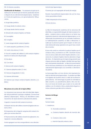 IVb: Sin lesiones vasculares.                                     tomía de tipo laparoscópica:

Clasificación de Neuhaus.- Fue propuesta al igual que la          V.Lesiones por uso inapropiado de fuentes de energía.
clasificación de Siewert para las lesiones producidas durante
                                                                  Durante el procedimiento laparoscópico dos son los meca-
o después de una colecistectomía laparoscópica; basándose
                                                                  nismos que producen lesión:
en 10 años de experiencia y con aproximadamente 108 pa-
cientes.                                                          1.Mala interpretación de la anatomía.

A: Escape biliar periférico                                       2.Errores técnicos.

A1: Escape desde el conducto cístico

A2: Escape desde el lecho vesicular                               La falta de interpretación anatómica de las estructuras del
                                                                  árbol biliar, en especial del triángulo de Calot (conducto he-
B: Oclusión del conducto hepático sin fístulas
                                                                  pático, conducto cístico y arteria cística), es un factor muy
B1: Incompleto                                                    importante durante la colecistectomía laparoscópica y se ve
                                                                  influenciado frecuentemente por las anomalías anatómicas.
B2: Completo
                                                                  La malinterpretación anatómica se debe a alteraciones vi-

C: Lesión tangencial del conducto hepático                        suales que se provocan puesto que el cirujano no tiene una
                                                                  visión directa del campo operatorio sino que lo hace a través
C1: Lesión pequeña y puntiforme (5 mm)                           de un monitor.

C2: Lesión más extensa (5 mm)                                    El error más común es confundir el conducto hepático por el
                                                                  conducto cístico, ocurriendo en un 74%. Esta lesión muchas
D: Sección completa del colédoco (o del conducto hepático
                                                                  veces se asocia a daño de la arteria hepática derecha o a sec-
derecho sin obstrucción del principal)
                                                                  ciones de un conducto hepático derecho aberrante en lugar
D1:Sin efecto                                                     del cístico. Es importante que el cirujano tenga presente que
                                                                  ninguna estructura debe ser ligada o dividida hasta que haya
D2: Con efecto
                                                                  sido correctamente identificada. La falta de reconocimiento

E: Estenosis del conducto hepático                                de las estructuras anatómicas es una indicación para que la
                                                                  colecistectomía laparoscópica sea convertida a colecistecto-
E1: Estenosis pequeña anular (5 mm)                              mía abierta.

E2: Estenosis longitudinal (5 mm)                                La hemorragia hiliar es el error técnico más importante du-
                                                                  rante la colecistectomía laparoscópica. Se produce por fallas
E3: Estenosis del tenedor
                                                                  en la ligadura de la arteria cística o a daño de la arteria he-
E4: Estenosis que incluye conducto hepático derecho y co-         pática derecha. Si la hemorragia no puede ser controlada se
lédoco                                                            debe convertir a un procedimiento abierto. Otro error téc-
                                                                  nico es el exceso de tensión que se ejerce en la unión del
                                                                  colédoco con el conducto cístico, produciendo desgarros o

Mecanismo de acción de la Injuria Biliar                          incluso oclusiones parciales de los conductos.


Los mecanismos que provocan daño del árbol biliar depen-
den del procedimiento quirúrgico empleado: Convencional
                                                                  Factores de Riesgo
(abierto) o laparoscópico. Moosa y col. describieron cuatro
mecanismos de injuria durante la colecistectomía abierta.         Obesidad

I.Ligación o transección del conducto incorrecto.                 Factores locales

II.Oclusión de la luz del colédoco durante la ligadura del con-   1.- Anatómicos
ducto cístico.
                                                                  	          A.- Anomalías anatómicas
III.Compromiso de la irrigación sanguínea del conducto he-
                                                                  	          a.- Conducto hepático derecho de inserción abe-
pático por excesiva disección.
                                                                  rrante
IV.Trauma de la luz del colédoco durante la exploración, ma-
                                                                  	          b.- Conducto cístico corto
nipulación o excesiva dilatación.
                                                                  	          c.- Inserción baja del conducto cístico
A estos agregaron uno más correspondiente a una colecistec-                                                                         19
 