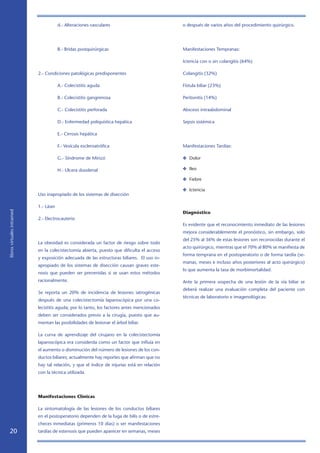 d.- Alteraciones vasculares                          o después de varios años del procedimiento quirúrgico.

                            	

                            	           B.- Bridas postquirúrgicas                           Manifestaciones Tempranas:

                                                                                             Ictericia con o sin colangitis (64%)

                            2.- Condiciones patológicas predisponentes                       Colangitis (32%)

                            	           A.- Colecistitis aguda                               Fístula biliar (23%)

                            	           B.- Colecistitis gangrenosa                          Peritonitis (14%)

                            	           C.- Colecistitis perforada                           Absceso intraabdominal

                            	           D.- Enfermedad poliquística hepática                 Sepsis sistémica

                            	           E.- Cirrosis hepática

                            	           F.- Vesícula escleroatrófica                         Manifestaciones Tardías:

                            	           G.- Síndrome de Mirizzi                              ✤ Dolor

                            	           H.- Ulcera duodenal                                  ✤ Ileo

                                                                                             ✤ Fiebre

                                                                                             ✤ Ictericia
                            Uso inapropiado de los sistemas de disección

                            1.- Láser
libros virtuales intramed




                                                                                             Diagnóstico
                            2.- Electrocauterio
                                                                                             Es evidente que el reconocimiento inmediato de las lesiones
                                                                                             mejora considerablemente el pronóstico, sin embargo, solo
                                                                                             del 25% al 36% de estas lesiones son reconocidas durante el
                            La obesidad es considerada un factor de riesgo sobre todo
                                                                                             acto quirúrgico, mientras que el 70% al 80% se manifiesta de
                            en la colecistectomía abierta, puesto que dificulta el acceso
                                                                                             forma temprana en el postoperatorio o de forma tardía (se-
                            y exposición adecuada de las estructuras biliares. El uso in-
                                                                                             manas, meses e incluso años posteriores al acto quirúrgico)
                            apropiado de los sistemas de disección causan graves este-
                                                                                             lo que aumenta la tasa de morbimortalidad.
                            nosis que pueden ser prevenidas si se usan estos métodos
                            racionalmente.                                                   Ante la primera sospecha de una lesión de la vía biliar se
                                                                                             deberá realizar una evaluación completa del paciente con
                            Se reporta un 20% de incidencia de lesiones iatrogénicas
                                                                                             técnicas de laboratorio e imagenológicas:
                            después de una colecistectomía laparoscópica por una co-
                            lecistitis aguda; por lo tanto, los factores antes mencionados
                            deben ser considerados previo a la cirugía, puesto que au-
                            mentan las posibilidades de lesionar el árbol biliar.

                            La curva de aprendizaje del cirujano en la colecistectomía
                            laparoscópica era considerda como un factor que influía en
                            el aumento o disminución del número de lesiones de los con-
                            ductos biliares; actualmente hay reportes que afirman que no
                            hay tal relación, y que el índice de injurias está en relación
                            con la técnica utilizada.




                            Manifestaciones Clínicas

                            La sintomatología de las lesiones de los conductos biliares
                            en el postoperatorio dependen de la fuga de bilis o de estre-
                            checes inmediatas (primeros 10 días) o ser manifestaciones
   20                       tardías de estenosis que pueden aparecer en semanas, meses
 