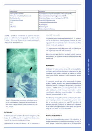 Laboratorio                                             Imágenes
            Hemograma completo                                      Colangiopancreatografía retrógrada endoscópica (CPRE)
            Bilirrubina sérica total y fraccionada                  Colangiografía transhepática percutánea (CTP)
            Fosfatasa alcalina                                      Colangiografía por resonancia magnética (CPRM)
            y-Glutamiltransferasa                                   Colangiografía intravenosa
            AST                                                     Colangiografía transoperatoria
            ALT                                                     Ecosonografía
            Albúmina                                                Endosonografía
                                                                    Tomografía computarizada



                                                                               inicio de la intervención.
La CPRE y la CTP son consideradas las opciones más apro-
piadas para definir las morfología de la vía biliar, localizar                 b)La identificación radiológica perioperatoria. La visualiza-
la lesión y determinar el tratamiento más adecuado para la                     ción de las estructuras biliares permite continuar de forma
reparación de la misma (fig. 7).                                               segura con el acto operatorio y tomar decisiones de última
                                                                               hora en medio acto quirúrgico.

                                                                               c)La inspección del muñón del cístico, de la fosa cística y del
                                                                               hilio hepático al finalizar la colecistectomía.

                                                                               d)La conversión de la CL a CA si hay dudas sobre la anatomía
                                                                               quirúrgica o si no se cuenta con los recursos necesarios para
                                                                               identificarla.




                                                                               Tratamiento

                                                                               El objetivo del tratamiento es devolver la continuidad bilio-
                                                                               entérica, y para la elección del tipo de tratamiento hay que
                                                                               considerar el tipo, nivel y extensión de la lesión, el tiempo
                                                                               transcurrido hasta el diagnóstico y las condiciones del pa-
                                                                               ciente.

                                                                               Es importante recordar que en los casos cuando el cirujano
                                                                               reconoce la lesión durante el acto operatorio debe intentar la
                                                                               reparación primaria si cuenta con la capacidad y experiencia
                                                                               necesaria. El 17% de las reparaciones primarias dan resul-
                                                                               tados satisfactorios siendo necesaria la derivación a centros
                                                                               especializados en los casos menos favorables. Esta conducta
                                                                               mejora el pronóstico hasta un 90%.

                                                                               Para el manejo inicial de los pacientes con lesiones descubier-
  Figura 7.- Colangiografías contrastadas realizadas en pacien-                tas en el postoperatorio o de los pacientes que serán referi-
  tes con ictericia posterior a realización de colecistectomía en              dos, se recomienda comenzar con una CPRE para definir la
  otros centros. Flechas muestran el sitio de estenosis en la vía              anatomía biliar y la localización de la lesión, y la colocación
  biliar principal.                                                            de un catéter biliar (percutáneo o endoscópico) para evitar el
                                                                               riesgo de contaminar la cavidad abdominal.

Prevención

La disminución de la incidencia de lesiones iatrogénicas o de                  Técnicas no Quirúrgicas
su tasa de morbilidad puede ser lograda teniendo en consi-
                                                                               Drenaje biliar transhepático percutáneo.- Está indicado en las
deración las siguientes medidas preventivas.
                                                                               lesiones menores de los conductos como fístulas, escapes bi-
a)Identificación del triángulo de Calot y de sus estructuras al                liares, bilomas o como manejo inicial de los pacientes previo
                                                                                                                                                 21
 