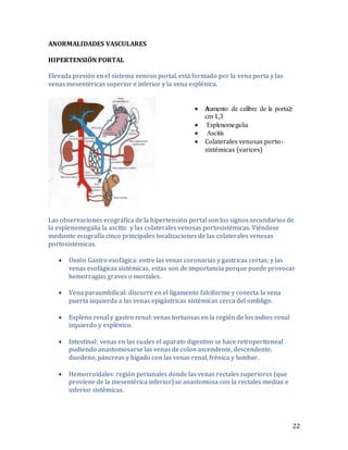 22
ANORMALIDADES VASCULARES
HIPERTENSIÓN PORTAL
Elevada presión en el sistema venoso portal, está formado por la vena porta y las
venas mesentéricas superior e inferior y la vena esplénica.
 Auti mel oilsCtmcoil oiltClaeomCl
1,3lst
 lcati eticCtmC
 lcsmmmc
 Colaterales venosas porto-
sistémicas (varices)
Las observaciones ecográfica de la hipertensión portal son los signos secundarios de
la esplenomegalia la ascitis y las colaterales venosas portosistémicas. Viéndose
mediante ecografía cinco principales localizaciones de las colaterales venosas
portosistémicas.
 Unión Gastro esofágica: entre las venas coronarias y gastricas cortas; y las
venas esofágicas sistémicas, estas son de importancia porque puede provocar
hemorragias graves o mortales.
 Vena paraumbilical: discurre en el ligamento falciforme y conecta la vena
puerta izquierda a las venas epigástricas sistémicas cerca del ombligo.
 Espleno renal y gastro renal: venas tortuosas en la región de los indios renal
izquierdo y esplénico.
 Intestinal: venas en las cuales el aparato digestivo se hace retroperitoneal
pudiendo anastomosarse las venas de colon ascendente, descendente,
duodeno, páncreas y hígado con las venas renal, frénica y lumbar.
 Hemorroidales: región perianales donde las venas rectales superiores (que
proviene de la mesentérica inferior) se anastomosa con la rectales medias e
inferior sistémicas.
 