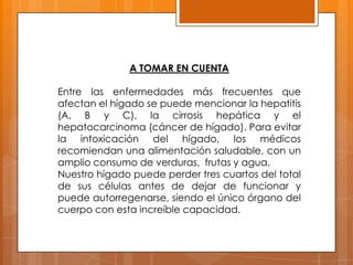 A TOMAR EN CUENTA
Entre las enfermedades más frecuentes que
afectan el hígado se puede mencionar la hepatitis
(A, B y C), la cirrosis hepática y el
hepatocarcinoma (cáncer de hígado). Para evitar
la intoxicación del hígado, los médicos
recomiendan una alimentación saludable, con un
amplio consumo de verduras, frutas y agua.
Nuestro hígado puede perder tres cuartos del total
de sus células antes de dejar de funcionar y
puede autorregenarse, siendo el único órgano del
cuerpo con esta increíble capacidad.

 