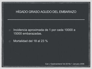 HÍGADO GRASO AGUDO DEL EMBARAZO
Incidencia aproximada de 1 por cada 10000 a
15000 embarazadas.
Mortalidad del 18 al 23 %
Can J Gastroenterol Vol 20 No 1 January 2006
 