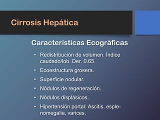 • Redistribución de volumen. Índice
caudado/lob. Der. 0.65.
• Ecoestructura grosera.
• Superficie nodular.
• Nódulos de regeneración.
• Nódulos displásicos.
• Hipertensión portal: Ascitis, esple-
nomegalia, varices.
Características Ecográficas
Cirrosis Hepática
 
