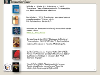 “Curso de Anatomía Humana:
 Carrera de Médico Cirujano”


                      Schünke, M., Schulte, M. y Schumacher, U. (2005).
                      “Prometheus: “Texto y Atlas de Anatomía”. Primera edición.
                      Edit. Médica Panamericana, México D.F.


                     Bruce-Salter, r. (1971). “Transtornos y lesiones del sistema
                     musculoesquelético”. Primera edición.
                     Edit. Salvat editores, México, D.F..



                      Wilson-Paules “Atlas of Neuroanatomy of the Cranial Nerves” .
                      Second Edition.
                      WWW.BCDECKER.COM


                      Gonzalo Sánz, L..Ma. (2001) “DIccionario de Medicina”.
                      Primera edición, Edit. ESPASA CALPE, S.A. Facultad de
                      Medicina, Universidad de Navarra., Madrid, España.



                      Gunther von Hagens and Angelina Walley (2004) “Body
                      Worlds: The Anatomical Exhibition of Real Human Bodies”
                      Cuarta edición. Catálogo de exhibición. Edit. Arts &
                      Sciencies, Singapore


                      Yokochi-Rohen (1998). Atlas de Anatomía Humana.
                      Estudio fotográfico del cuerpo humano” Segunda
                      edición.. Edit. Panamericana-McGraw-HIill
                                                                                      78
 