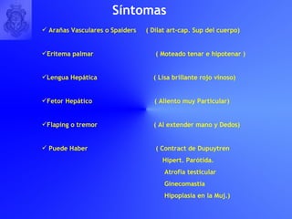 S í ntomas  Arañas Vasculares o Spaiders  ( Dilat art-cap. Sup del cuerpo) Eritema palmar  ( Moteado tenar e hipotenar ) Lengua Hepática  ( Lisa brillante rojo vinoso) Fetor Hepático  ( Aliento muy Particular) Flaping o tremor  ( Al extender mano y Dedos) Puede Haber  ( Contract de Dupuytren  Hipert. Parótida. Atrofia testicular Ginecomastia Hipoplasia en la Muj.) 