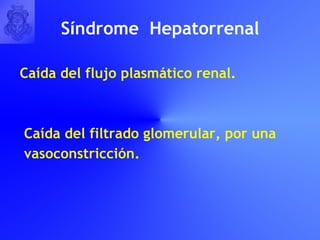 S í ndrome  Hepatorrenal Caída del flujo plasmático renal. Caída del filtrado glomerular, por una  vasoconstricción. 