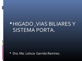  HIGADO ,VIAS BILIARES Y
  SISTEMA PORTA.


 Dra. Ma. Leticia Garrido Ramírez.
 