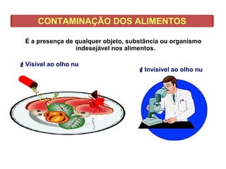 CONTAMINAÇÃO DOS ALIMENTOS
É a presença de qualquer objeto, substância ou organismo
indesejável nos alimentos.
Visível ao olho nu
Invisível ao olho nu
 