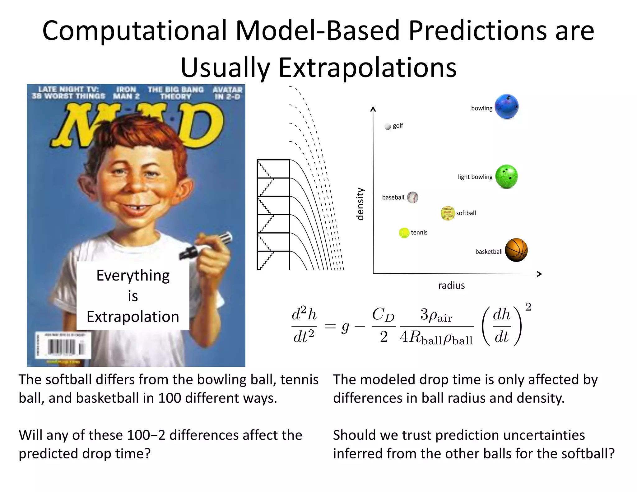 Computational Model-Based Predictions are
Usually Extrapolations
Everything
is
Extrapolation
Simple'case'study:'dropping'balls'from
a'tower'
•  Can'get'ﬁeld'data'fro
objects'oﬀ'of'ﬂoors'1
•  Have'computaBonal'm
which'predicts'drop'B
given'ball'radius,'den
ﬂoor.'
•  ComputaBonal'mode
parameter'for'air'fric
depends'on'cross'sec
density'and'velocity.'
•  Have'baseball,'basket
ball,'tennis,'light'&'he
bowling'balls.'
•  Want'to'predict'soHb
Bme'from'10th'ﬂoor'(
•  Also'want'to'understa
value'of'various'types
potenBal'experiment
simulaBons'for'the'so
predicBon'at'100m.'
Slide'1'
radius'
density'
physics'design'space'
golf'
baseball'
tennis'
soHball'
basketball'
light'bowling'
bowling'
The softball differs from the bowling ball, tennis
ball, and basketball in 100 different ways.
Will any of these 100−2 differences affect the
predicted drop time?
d2
h
dt2
= g
CD
2
3 air
4Rball ball
✓
dh
dt
◆2
The modeled drop time is only affected by
differences in ball radius and density.
Should we trust prediction uncertainties
inferred from the other balls for the softball?
 