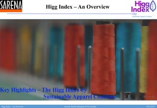 Higg Index – An Overview Sarena Textile Industries (Pvt) Limited 9/01/2019
Sustainable Apparel Coalition
Higg Index – An Overview
Key Highlights – The Higg Index by
Sustainable Apparel Coalition
 