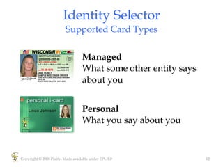 Identity Selector Supported Card Types Copyright © 2008 Parity. Made available under EPL 1.0 Managed  What some other entity says about you Personal  What you say about you 