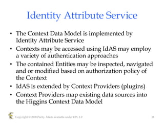 Identity Attribute Service The Context Data Model is implemented by Identity Attribute Service Contexts may be accessed using IdAS may employ a variety of authentication approaches The contained Entities may be inspected, navigated and or modified based on authorization policy of the Context  IdAS is extended by Context Providers (plugins)  Context Providers map existing data sources into the Higgins Context Data Model  Copyright © 2008 Parity. Made available under EPL 1.0 