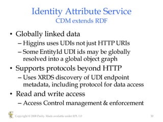 Identity Attribute Service CDM extends RDF Globally linked data Higgins uses UDIs not just HTTP URIs  Some EntityId UDI ids may be globally resolved into a global object graph  Supports protocols beyond HTTP Uses XRDS discovery of UDI endpoint metadata, including protocol for data access Read and write access  Access Control management & enforcement Copyright © 2008 Parity. Made available under EPL 1.0 