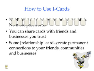 How to Use I-Cards By clicking on a card you can log into sites. No more passwords You can share cards with friends and businesses you trust Some [relationship] cards create permanent connections to your friends, communities and businesses 
