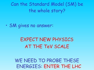 Can the Standard Model (SM) be the whole story? <ul><li>SM gives no answer: </li></ul><ul><li>EXPECT NEW PHYSICS </li></ul...