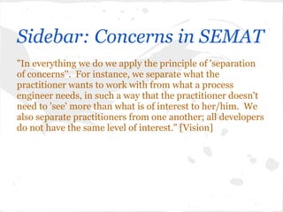 Sidebar: Concerns in SEMAT
"In everything we do we apply the principle of 'separation
of concerns''. For instance, we sepa...