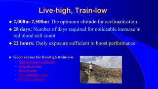 Live-high, Train-low
 2,000m-2,500m: The optimum altitude for acclimatisation
 28 days: Number of days required for noticeable increase in
red blood cell count
 22 hours: Daily exposure sufficient to boost performance
 Good venues for live-high train-low
– Mammoth Lakes, California
– Flagstaff, Arizona
– Sierra Nevada
– Near Granada in Spain
– Rift Valley in Kenya
 