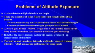 Problems of Altitude Exposure
 Acclimatisation to high altitude is not simple
 There are a number of other effects that could cancel out the above
benefits
– Too many blood cells may make the blood thicker and can make blood flow sluggish
– Can actually decrease the amount of oxygen getting to where it is needed
 At very high altitudes (>5000m) weight loss is unavoidable because your
body actually consumes your muscles in order to provide energy
 Risk that the body’s immune system will become weakened - an
increased risk of infections
 The body cannot exercise as intensely at altitude - reduced training
intensity - which can reduce performance in some sports
 