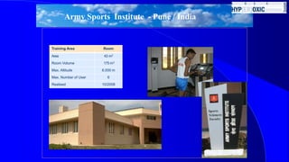 Army Sports Institute - Pune / India
Training Area Room
Area 43 m2
Room Volume 175 m3
Max. Altitude 6.000 m
Max. Number of User 6
Realised 10/2008
 