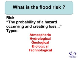 What is the flood risk ? Risk: “ The probability of a hazard occurring and creating loss...” Types: Atmospheric Hydrological Geological Biological Technological 