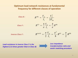 Optimum load-network resistances at fundamental
frequency for different classes of operation
(B)
(F)
2
1
cc
)
invF
(
2
8
2
R
R
I
V
R






(B)
1
cc
)
F
( 4
4
R
I
V
R




Inverse Class F :
Class F :
Class B :
Load resistance in inverse Class F is the
highest (1.6 times greater than in Class B)
Less impedance
transformation ratio and
easier matching procedure
ut
P
V
I
V
R
o
2
cc
1
cc
)
B
(
2


35
 