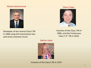 42
Marian Kazimierczuk
Developer of the inverse Class F PA
in 1984 using λ/4 transmission line
and series resonant circuit.
Steve Cripps
Inventor of the Class J PA in
2006, and the Continuous
Class F /F-1 PA in 2010.
Nathan Sokal
Inventor of the Class E PA in 1975
 
