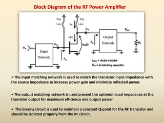Block Diagram of the RF Power Amplifier
• The input matching network is used to match the transistor input impedance with
the source impedance to increase power gain and minimize reflected power.
• The output matching network is used present the optimum load impedance at the
transistor output for maximum efficiency and output power.
• The biasing circuit is used to maintain a constant Q-point for the RF transistor and
should be isolated properly from the RF circuit.
5
 