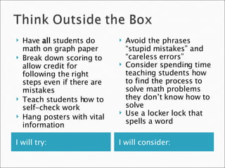 I will try: I will consider: Have  all  students do math on graph paper Break down scoring to allow credit for following the right steps even if there are mistakes Teach students how to self-check work Hang posters with vital information Avoid the phrases “stupid mistakes” and “careless errors” Consider spending time teaching students how to find the process to solve math problems they don’t know how to solve Use a locker lock that spells a word 