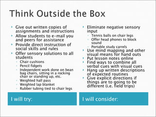 I will try: I will consider: Give out written copies of assignments and instructions Allow students to e-mail you and peers for assistance Provide direct instruction of social skills and rules Offer sensory solutions to all students Chair cushions Pencil fidgets Independent work done on bean bag chairs, sitting in a rocking chair or standing up, etc.  Weighted hall pass Weighted lap blanket Rubber tubing tied to chair legs Eliminate negative sensory input Tennis balls on chair legs Offer head phones to block sound Portable study carrels Use mind mapping and other visual means for hand outs Put lesson notes online Find ways to combine all verbal cues with visual cues Hang up written descriptions of expected routines Give explicit directions if things are to going to be different (i.e. field trips) 