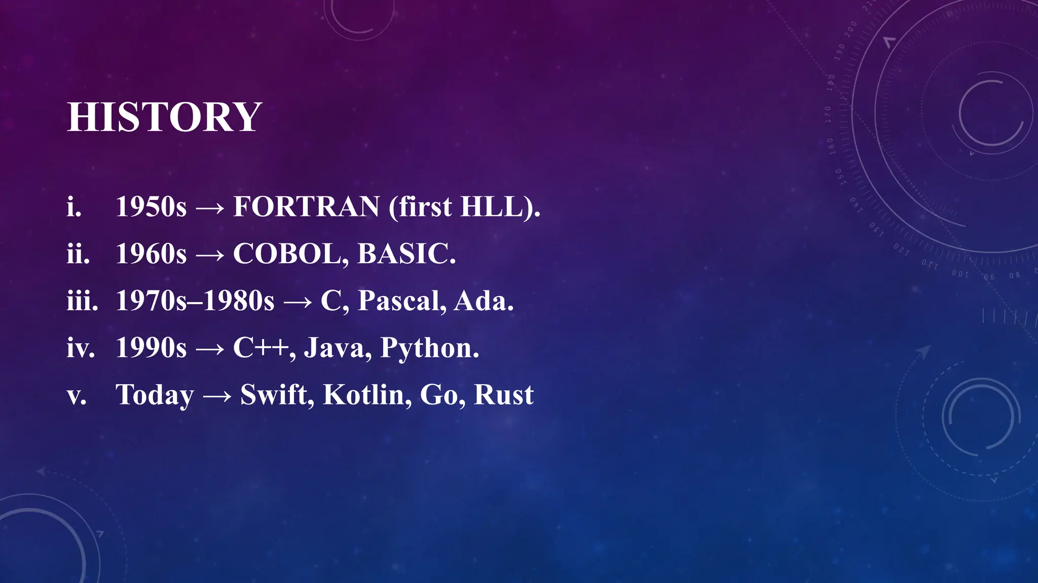 HISTORY
i. 1950s → FORTRAN (first HLL).
ii. 1960s → COBOL, BASIC.
iii. 1970s–1980s → C, Pascal, Ada.
iv. 1990s → C++, Java, Python.
v. Today → Swift, Kotlin, Go, Rust
 