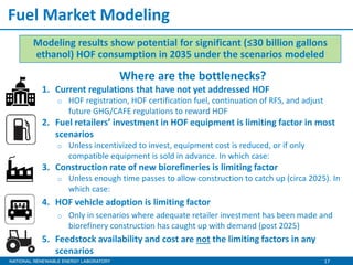 17
Fuel Market Modeling
Where are the bottlenecks?
1. Current regulations that have not yet addressed HOF
o HOF registration, HOF certification fuel, continuation of RFS, and adjust
future GHG/CAFE regulations to reward HOF
2. Fuel retailers’ investment in HOF equipment is limiting factor in most
scenarios
o Unless incentivized to invest, equipment cost is reduced, or if only
compatible equipment is sold in advance. In which case:
3. Construction rate of new biorefineries is limiting factor
o Unless enough time passes to allow construction to catch up (circa 2025). In
which case:
4. HOF vehicle adoption is limiting factor
o Only in scenarios where adequate retailer investment has been made and
biorefinery construction has caught up with demand (post 2025)
5. Feedstock availability and cost are not the limiting factors in any
scenarios
Modeling results show potential for significant (≤30 billion gallons
ethanol) HOF consumption in 2035 under the scenarios modeled
 