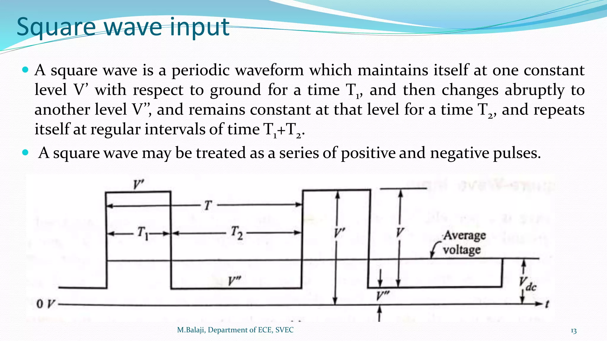 Square wave input
 A square wave is a periodic waveform which maintains itself at one constant
level V’ with respect to ground for a time T1, and then changes abruptly to
another level V’’, and remains constant at that level for a time T2, and repeats
itself at regular intervals of time T1+T2.
 A square wave may be treated as a series of positive and negative pulses.
M.Balaji, Department of ECE, SVEC 13
 