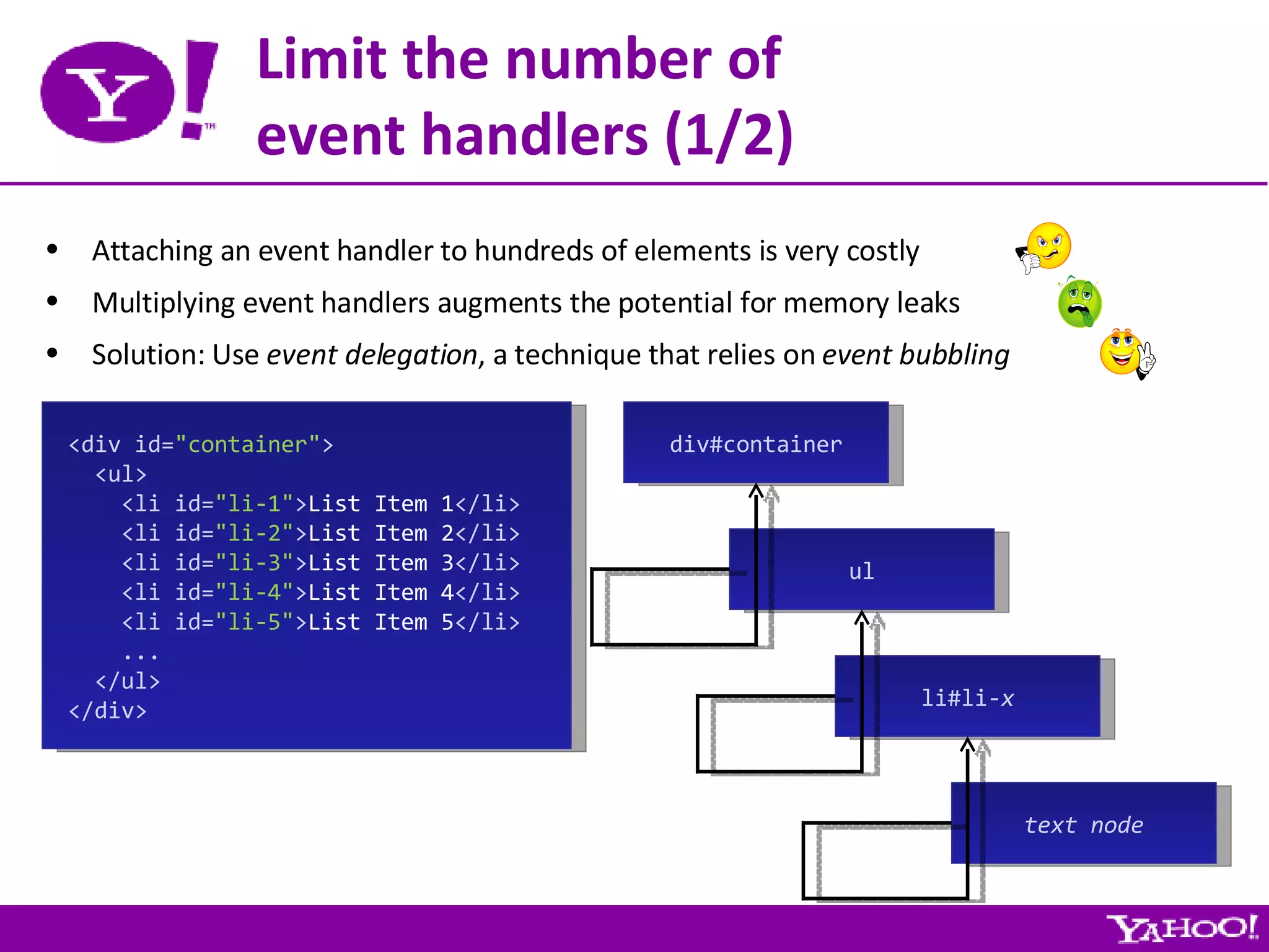 Limit the number of event handlers (1/2) Attaching an event handler to hundreds of elements is very costly Multiplying event handlers augments the potential for memory leaks Solution: Use  event delegation , a technique that relies on  event bubbling <div id= &quot;container&quot; > <ul> <li id= &quot;li-1&quot; > List Item 1 </li> <li id= &quot;li-2&quot; > List Item 2 </li> <li id= &quot;li-3&quot; > List Item 3 </li> <li id= &quot;li-4&quot; > List Item 4 </li> <li id= &quot;li-5&quot; > List Item 5 </li> ... </ul> </div> div#container ul li#li- x text node 