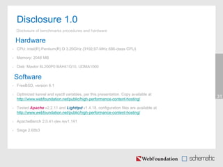 31
Disclosure 1.0
Disclosure of benchmarks procedures and hardware
Hardware
• CPU: Intel(R) Pentium(R) D 3.20GHz (3192.97-MHz 686-class CPU)
• Memory: 2048 MB
• Disk: Maxtor 6L200P0 BAH41G10, UDMA1000
• FreeBSD, version 6.1
• Optimized kernel and sysctl variables, per this presentation. Copy available at
http://www.webfoundation.net/public/high-performance-content-hosting/
• Tested Apache v2.2.11 and Lighttpd v1.4.18, configuration files are available at
http://www.webfoundation.net/public/high-performance-content-hosting/
• ApacheBench 2.0.41-dev rev1.141
• Siege 2.68b3
Software
 