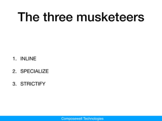 Composewell Technologies
The three musketeers
1. INLINE

2. SPECIALIZE

3. STRICTIFY
 