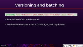 #DevoxxFR
<property name="hibernate.jdbc.batch_versioned_data" value="true"/>
• Enabled by default in Hibernate 5
• Disabled in Hibernate 3 and 4, Oracle 8i, 9i, and 10g dialects.
 