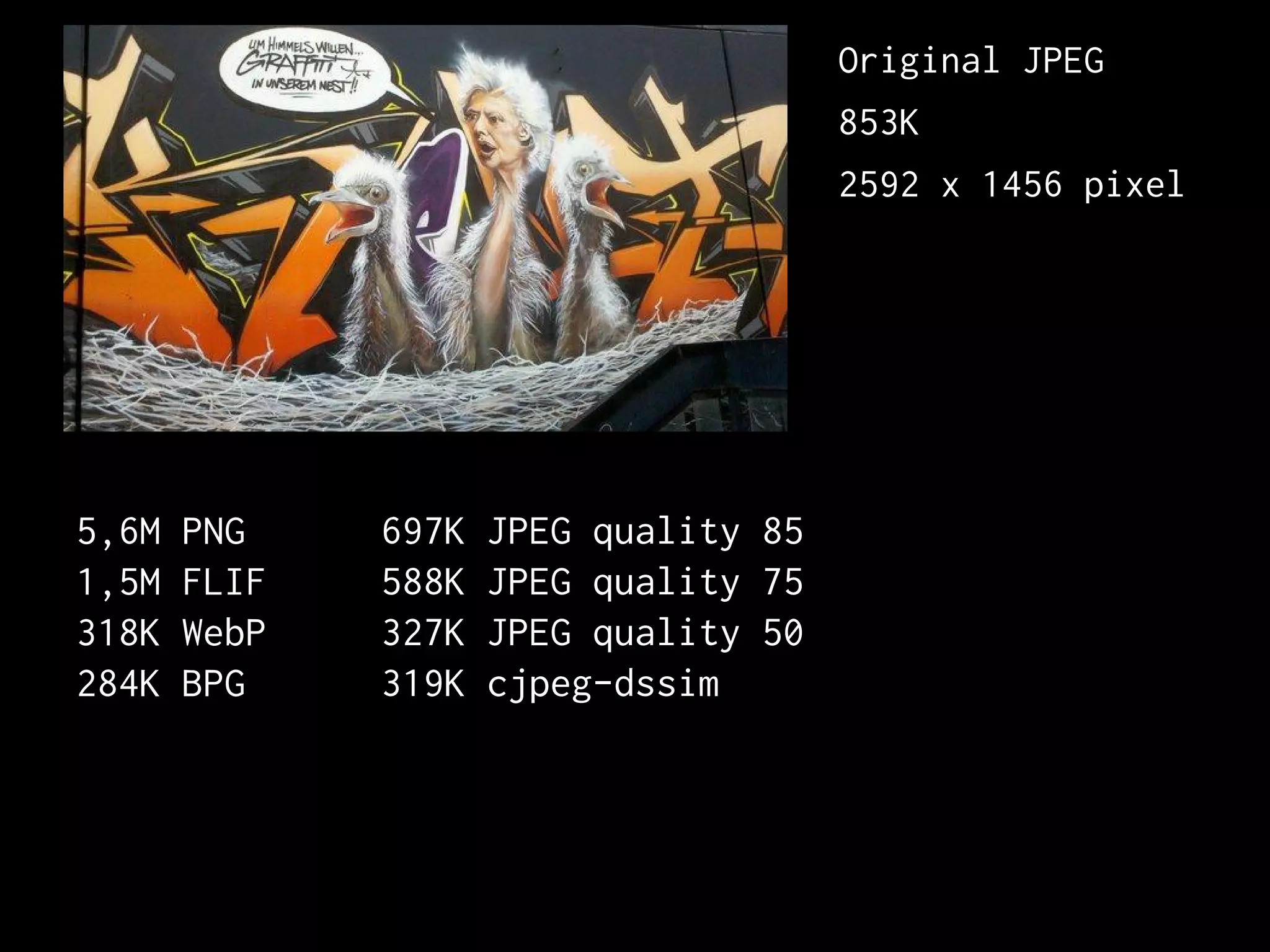 697K JPEG quality 85
588K JPEG quality 75
327K JPEG quality 50
319K cjpeg-dssim
5,6M PNG
1,5M FLIF
318K WebP
284K BPG
Original JPEG
853K
2592 x 1456 pixel
 