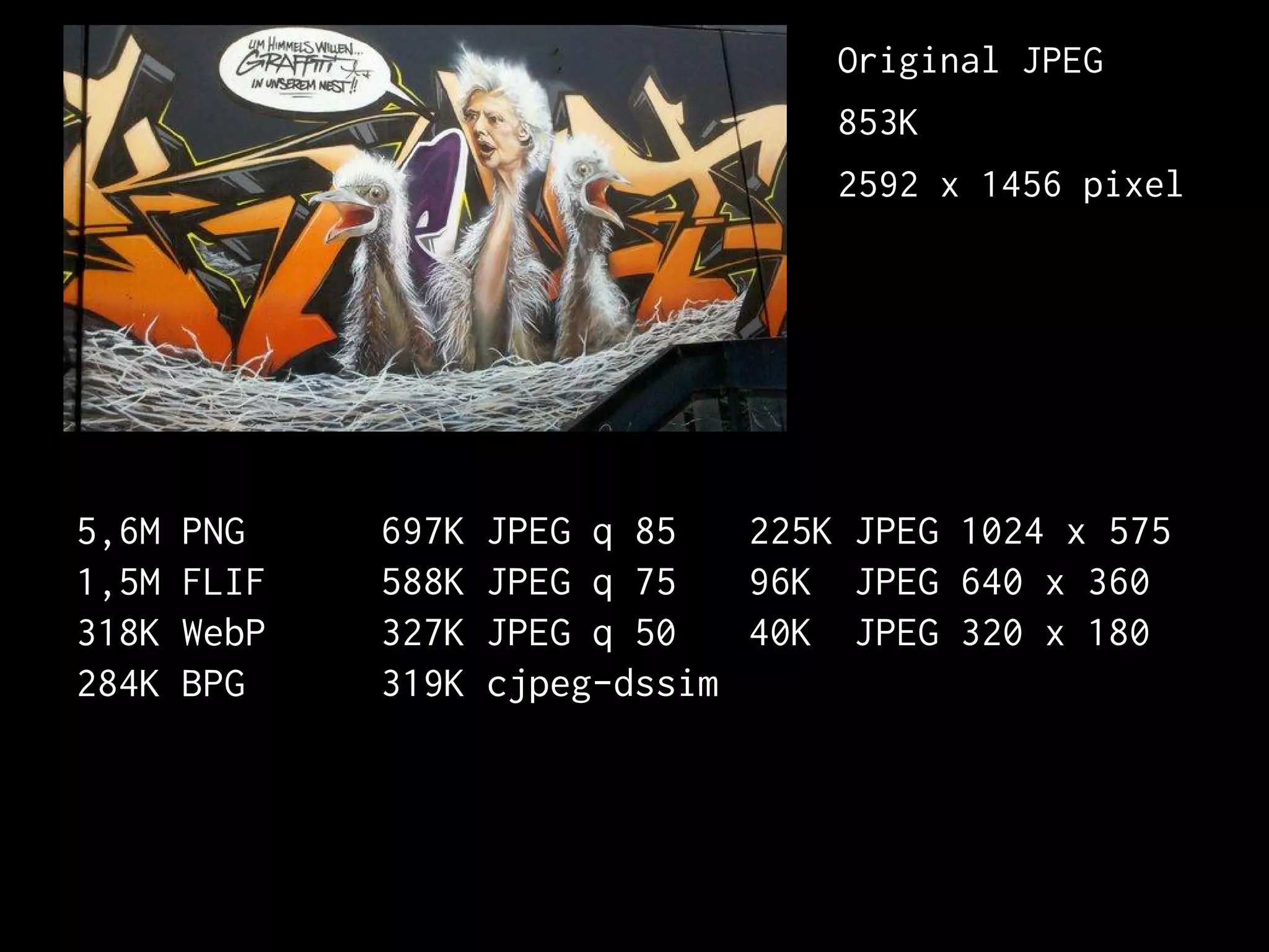 225K JPEG 1024 x 575
96K JPEG 640 x 360
40K JPEG 320 x 180
5,6M PNG
1,5M FLIF
318K WebP
284K BPG
697K JPEG q 85
588K JPEG q 75
327K JPEG q 50
319K cjpeg-dssim
Original JPEG
853K
2592 x 1456 pixel
 