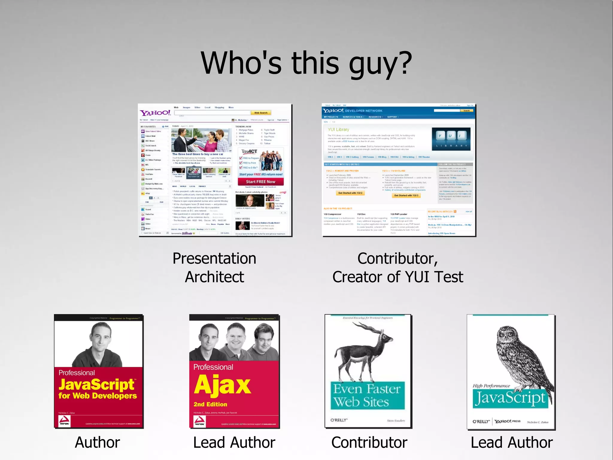 Who's this guy? Presentation Contributor, Architect Creator of YUI Test Author Lead Author Contributor Lead Author 