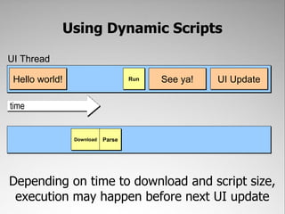 Using Dynamic Scripts

UI Thread

 Hello world!                      Run   See ya!   UI Update

time


                Download   Parse




Depending on time to download and script size,
 execution may happen before next UI update
 