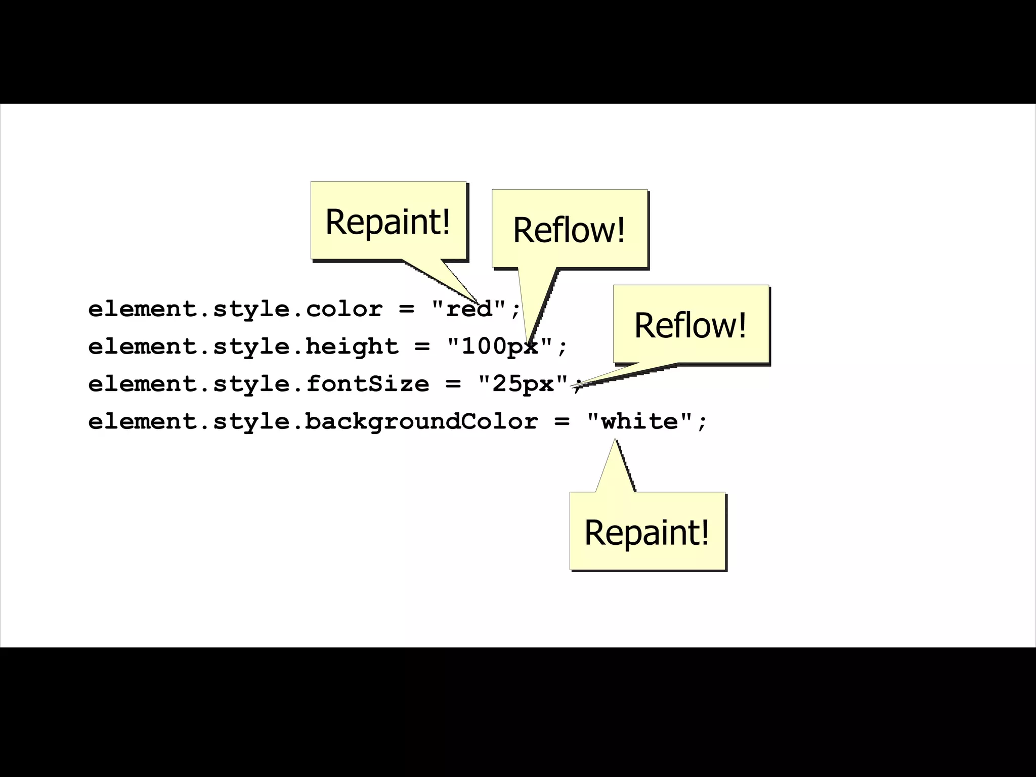 Repaint!    Reflow!

element.style.color = "red";
element.style.height = "100px";
                                   Reflow!
element.style.fontSize = "25px";
element.style.backgroundColor = "white";



                               Repaint!
 