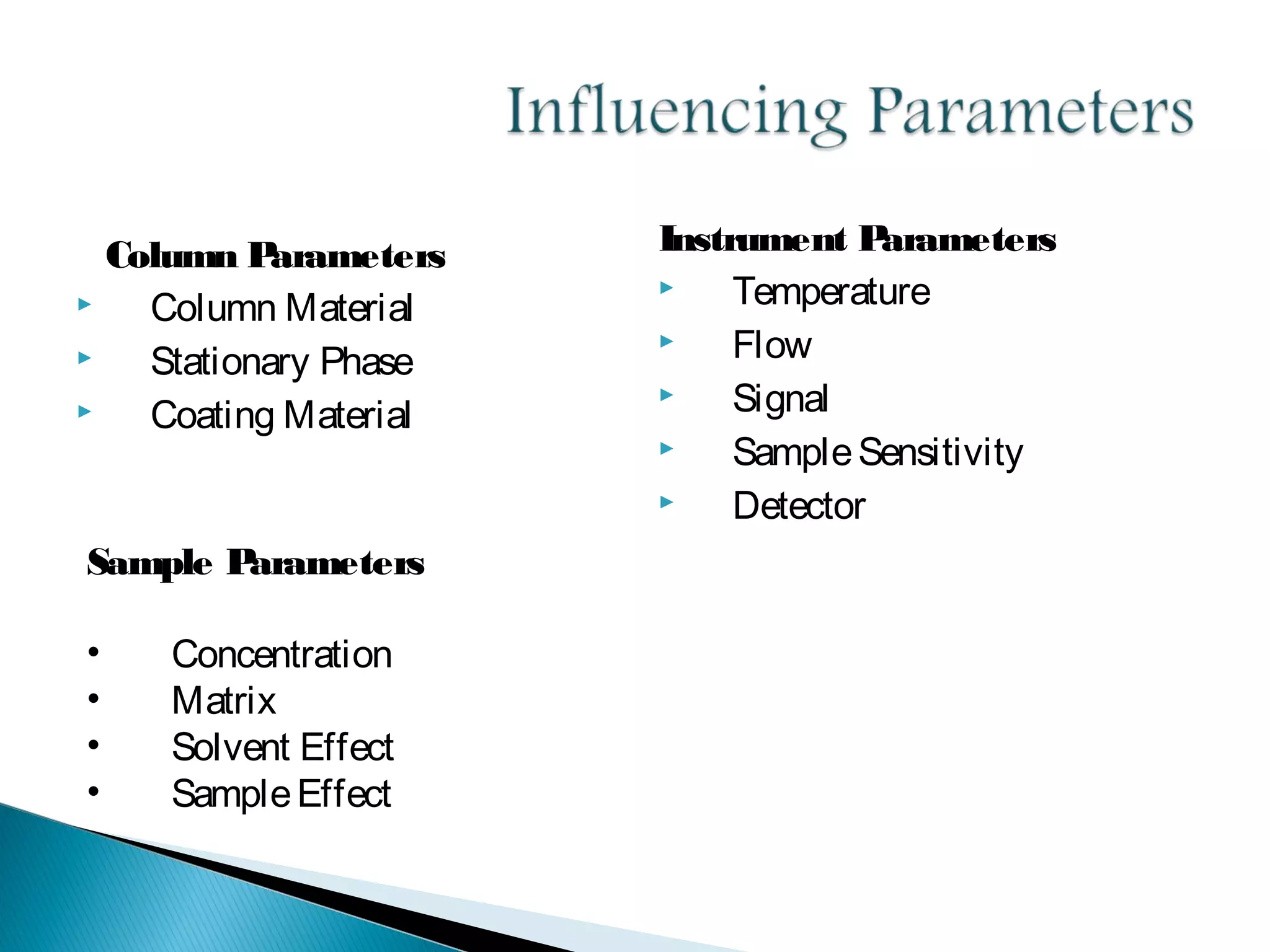 Column Parameters
 Column Material
 Stationary Phase
 Coating Material
Instrument Parameters
 Temperature
 Flow
 Signal
 SampleSensitivity
 Detector
Sample Parameters
• Concentration
• Matrix
• Solvent Effect
• SampleEffect
 