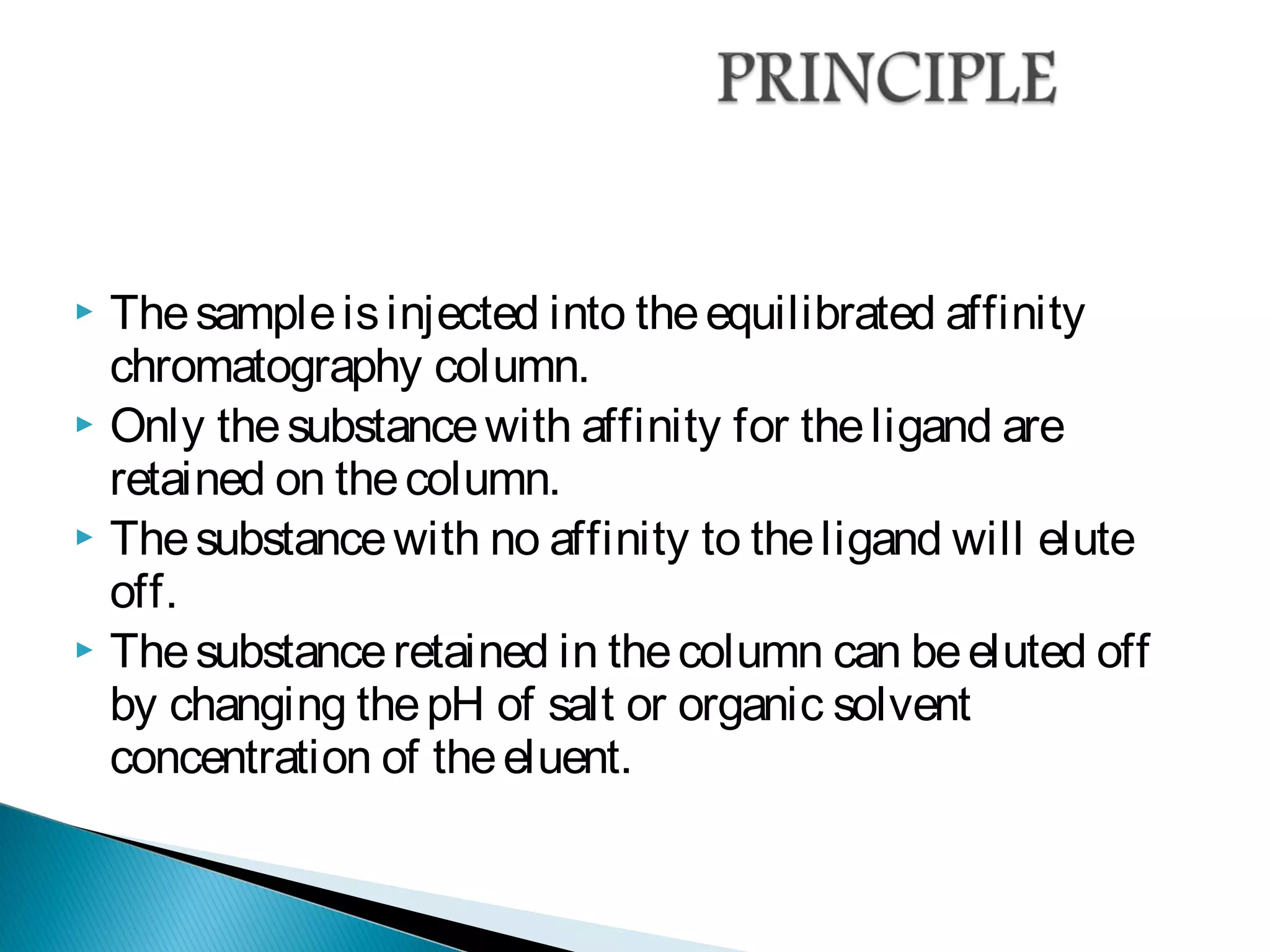  Thesampleisinjected into theequilibrated affinity
chromatography column.
 Only thesubstancewith affinity for theligand are
retained on thecolumn.
 Thesubstancewith no affinity to theligand will elute
off.
 Thesubstanceretained in thecolumn can beeluted off
by changing thepH of salt or organic solvent
concentration of theeluent.
 