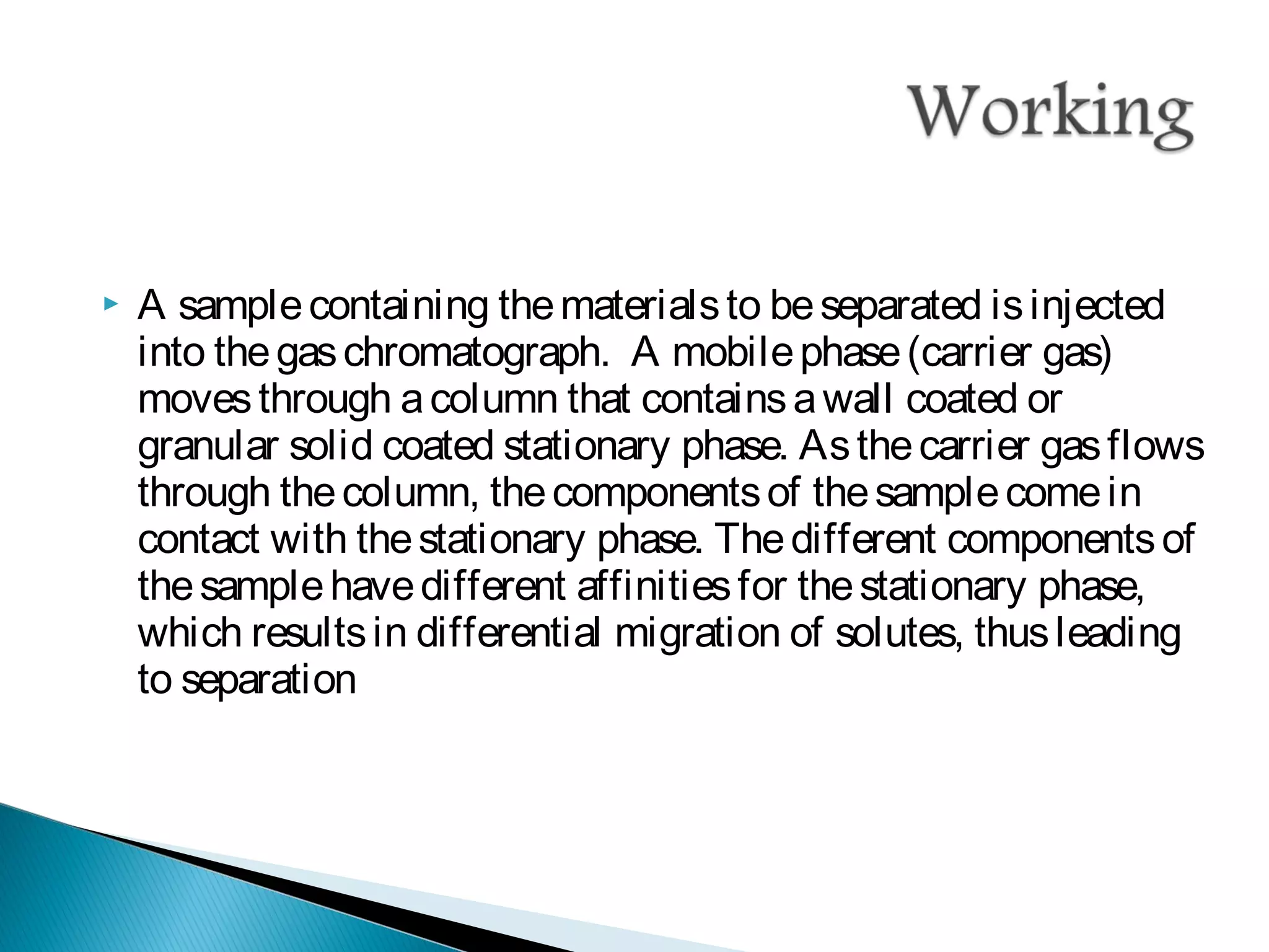  A samplecontaining thematerialsto beseparated isinjected
into thegaschromatograph. A mobilephase(carrier gas)
movesthrough acolumn that containsawall coated or
granular solid coated stationary phase. Asthecarrier gasflows
through thecolumn, thecomponentsof thesamplecomein
contact with thestationary phase. Thedifferent componentsof
thesamplehavedifferent affinitiesfor thestationary phase,
which resultsin differential migration of solutes, thusleading
to separation
 